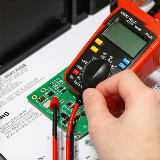 Multimeter being used on a circuit board next to a maintenance record folder