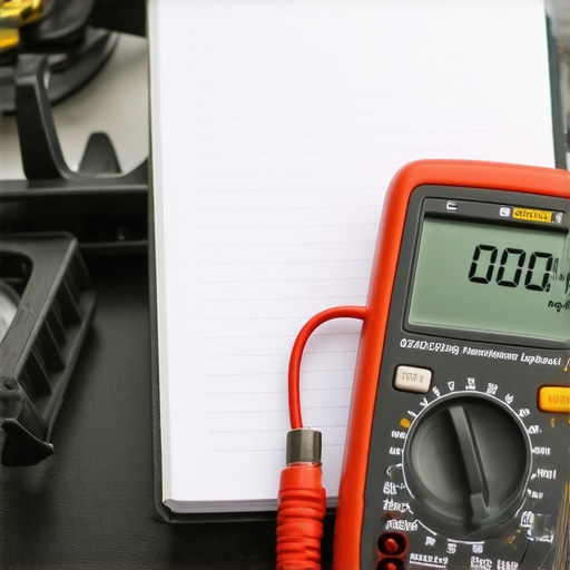 A digital multimeter testing an oven igniter's current for troubleshooting.