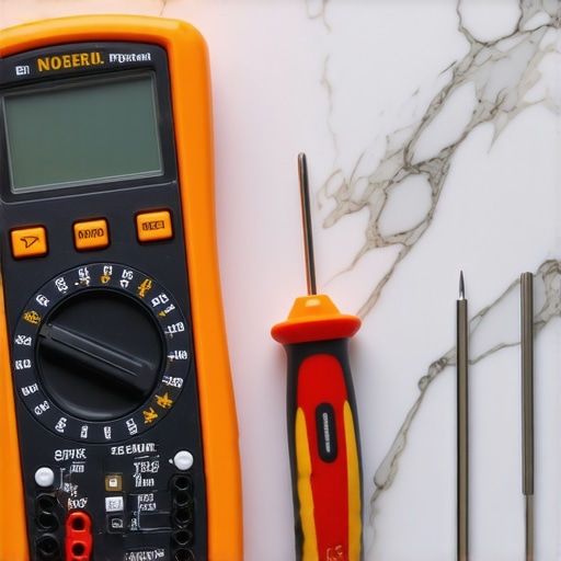 Digital multimeter and insulated screwdrivers for microwave repair and kitchen maintenance