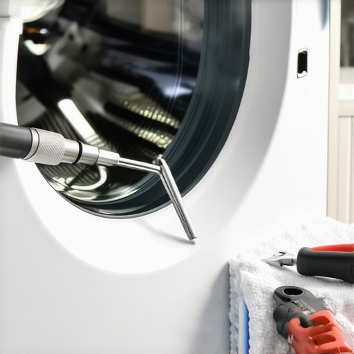 Close-up of a telescoping mirror and pliers being used to inspect a washer pump filter.