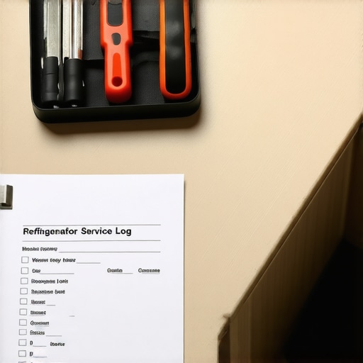 A service log and warranty documents for a refrigerator repair.