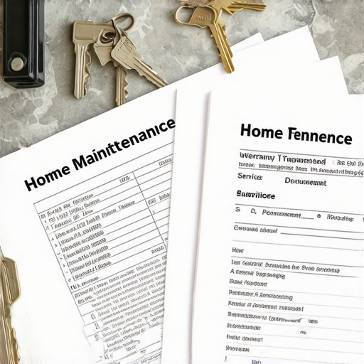An organized binder containing appliance service logs and warranty papers on a kitchen counter.