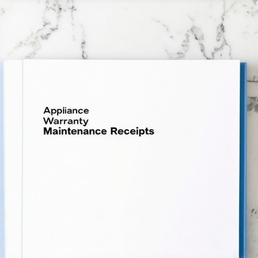 A folder with appliance service receipts and warranty manuals on a kitchen counter.