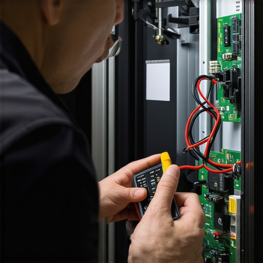 Technician using a multimeter to test a circuit board for advanced appliance repair.