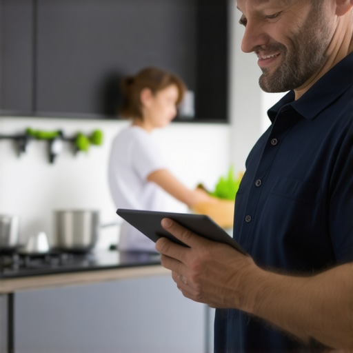 A technician discussing the fine print of a service contract with a homeowner in a kitchen.