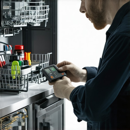 Technician using a multimeter on a dishwasher control board to illustrate advanced repair nuances.