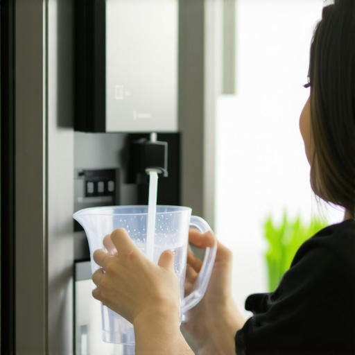 A homeowner using a large pitcher to purge a new fridge water filter system.