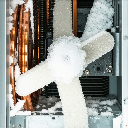 Inside of a freezer showing ice buildup blocking the evaporator fan blades.