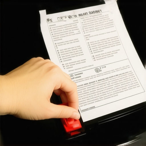 Close-up of a garbage disposal reset button with warranty paperwork nearby.