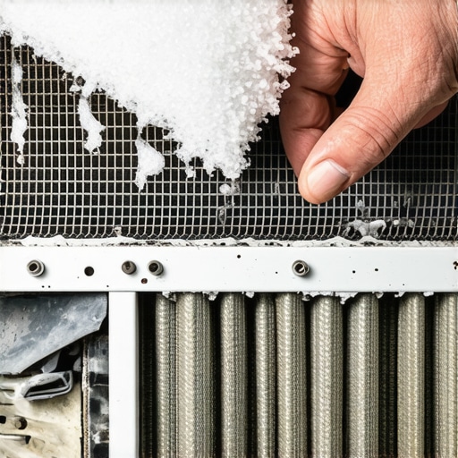 Frozen evaporator coils and a clogged air filter illustrating common AC failures.