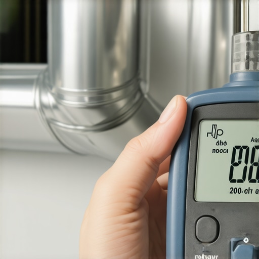Close-up of a technician using a digital manometer to measure airflow pressure in a residential HVAC system.