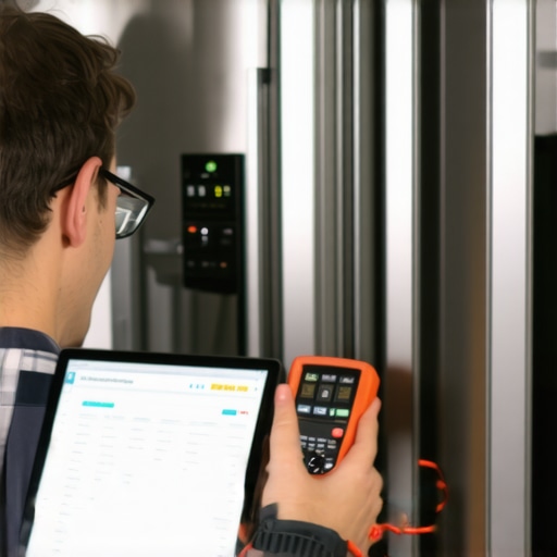 A person using a multimeter to check appliance health while recording data in a digital log.