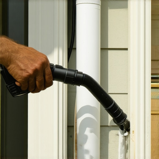 A person using a shop vac to clear a PVC drain line to prevent appliance leaks and maintenance issues.