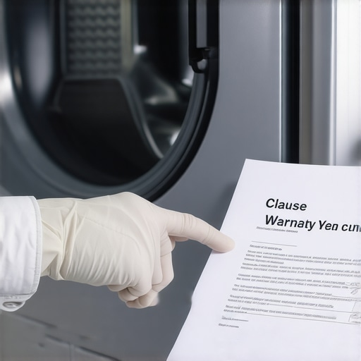A technician pointing out warranty contract details next to an appliance
