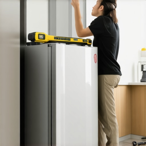 Person checking if a refrigerator is level using a spirit level tool in a kitchen setting