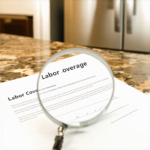 A magnifying glass highlighting labor coverage text on an appliance warranty document in a kitchen.