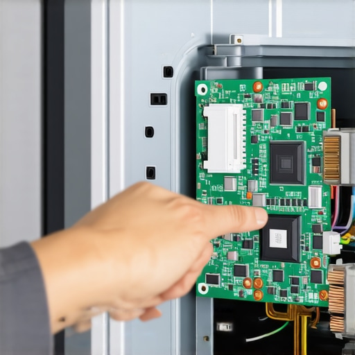 A technician inspecting a damaged circuit board in a kitchen appliance to identify safety hazards.