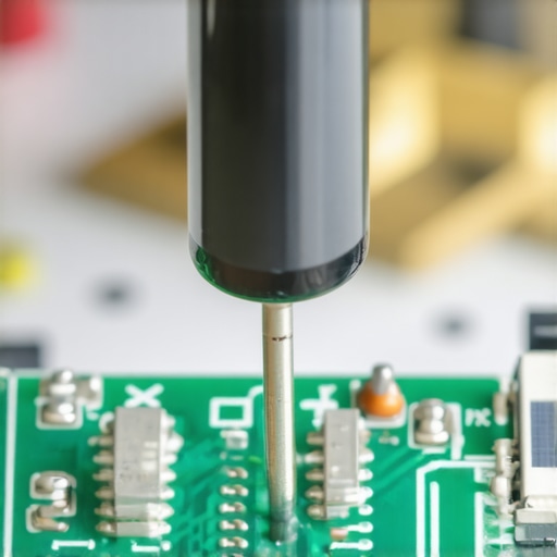 Close-up of a soldering iron repairing a cold solder joint on an appliance circuit board.