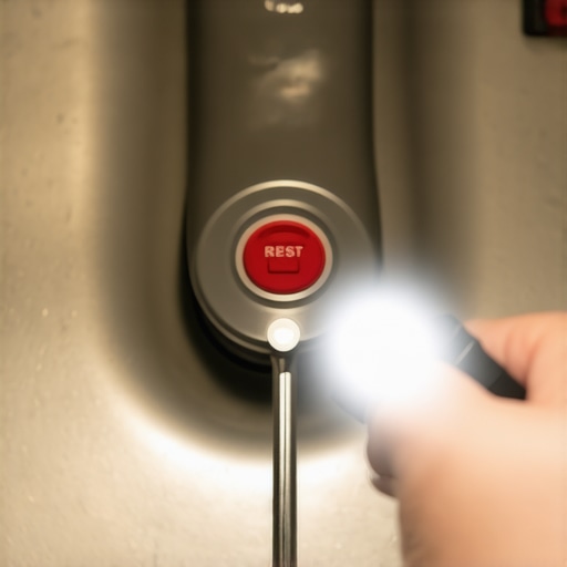 A close-up view of the bottom of a garbage disposal showing the location of the red reset button and manual hex socket.