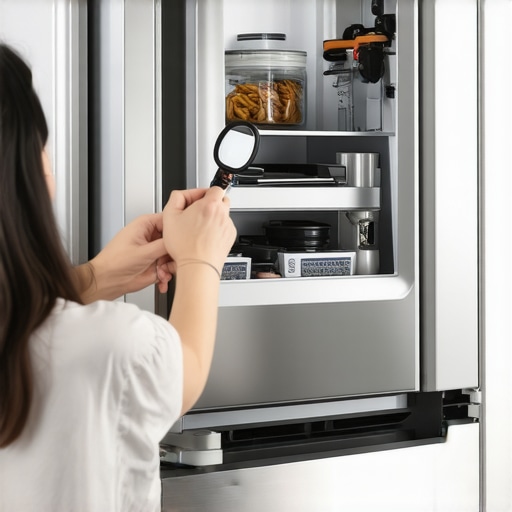 A person using a mirror to check the back of a refrigerator for leaks and dust buildup.