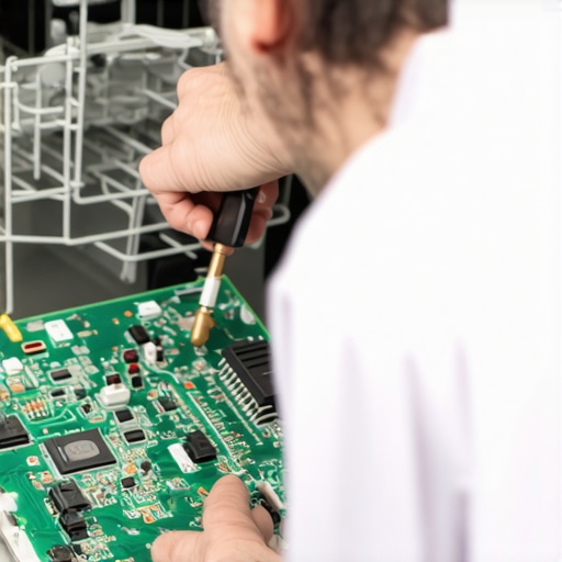 Close-up of a damaged dishwasher control board being inspected.