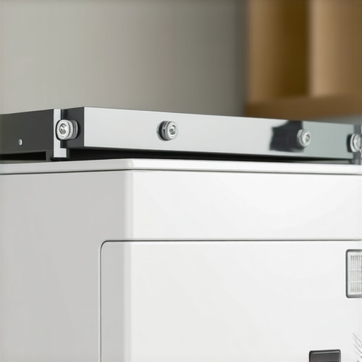 Close up of a metal bracket being installed on a washing machine for stacking.