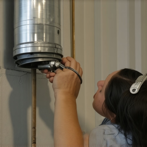 A person tightening a metal clamp on a dryer vent pipe to prevent air leaks and heat in the laundry room.