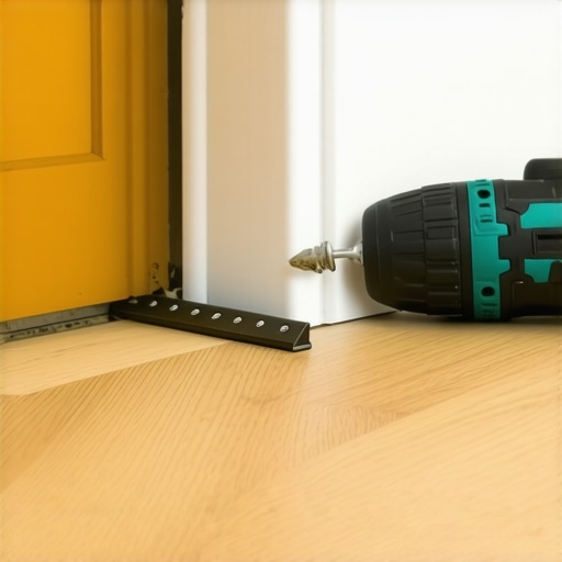Installing the Anti-Tip Bracket Close up of a metal anti-tip bracket being installed on a wooden floor with a drill.