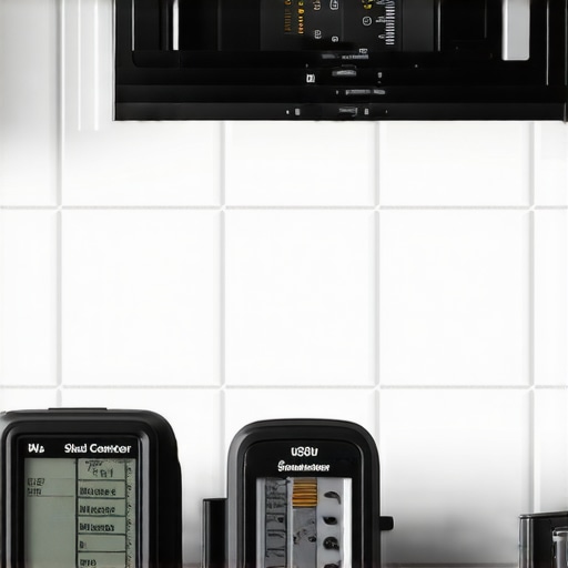 Close-up of using a stud finder and level to install a microwave mounting bracket on a tiled wall.