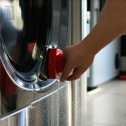 Close up of hand turning off water supply to an overflowing washing machine