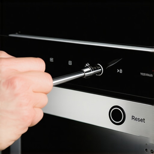 Close-up of pressing a toaster oven reset button with a tool