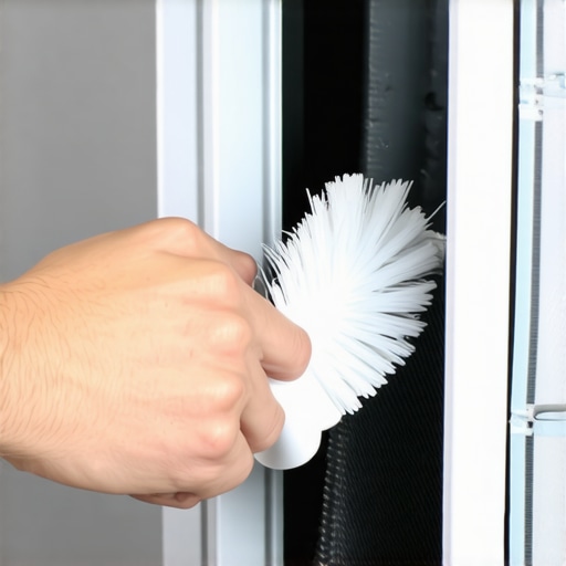 A hand using a soft brush to clean silver metal AC fins carefully during maintenance.