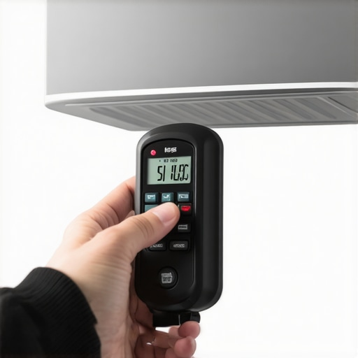 Hand holding a digital anemometer against an air vent for home HVAC balancing and maintenance.