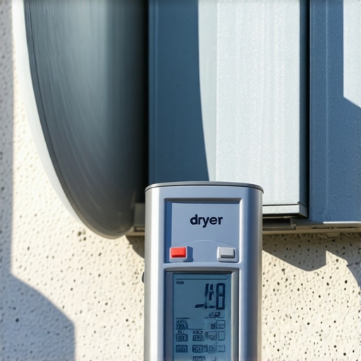 A handheld digital anemometer being held up to a white plastic dryer vent cover on an exterior house wall.