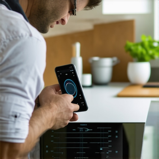A technician using a digital sensor app to diagnose stove noise.
