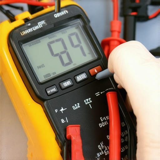 A technician using a professional digital multimeter to test the continuity and resistance of an electric oven heating element.