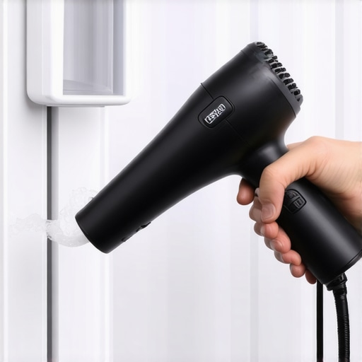 A hairdryer being used to defrost a frozen ice maker fill port in a freezer.