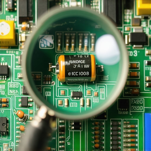Close-up of a technician inspecting a faulty electronic control board of a modern appliance using a magnifying glass.