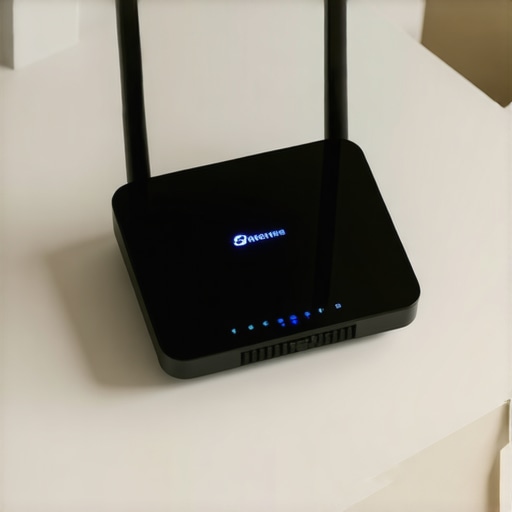 A Wi-Fi router elevated on a high shelf to improve signal strength for smart cameras.