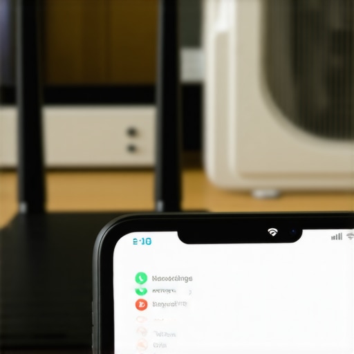 Close-up of a smartphone and router being configured for a smart air conditioner connection.