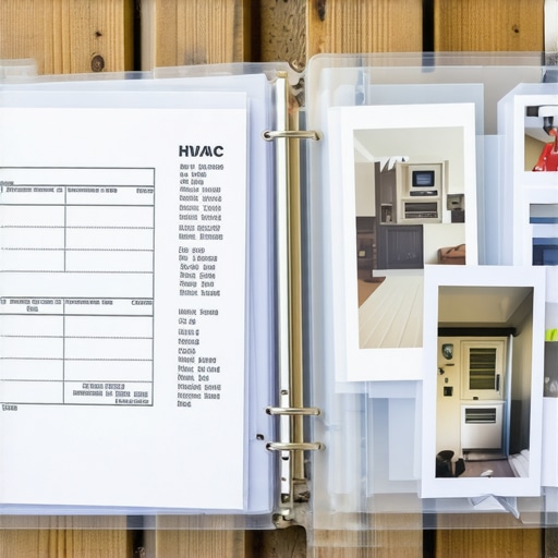 A binder containing HVAC maintenance records and photo evidence to support warranty claims.