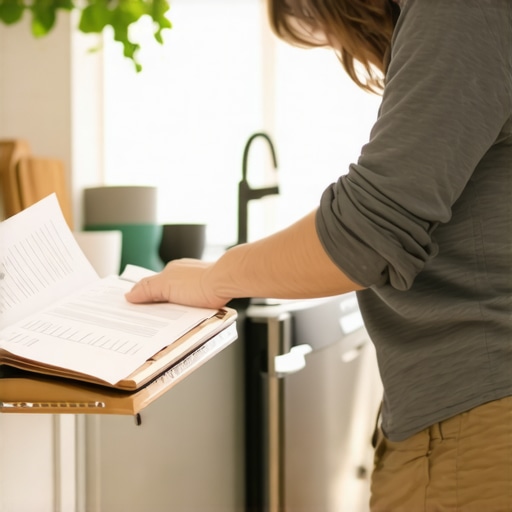 Organizing Appliance Maintenance Documentation A person organizing a maintenance log and warranty documents for a kitchen dishwasher to ensure warranty compliance.