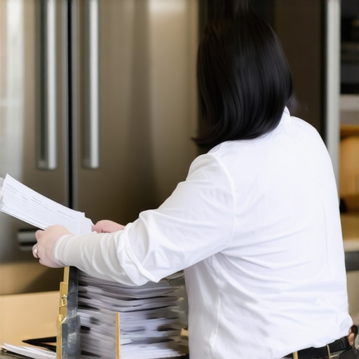 A folder filled with appliance manuals and warranty paperwork on a kitchen counter.