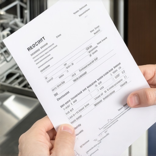 Professional technician holding a maintenance receipt near a dishwasher