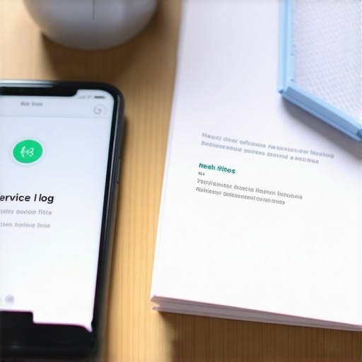 A smartphone showing a maintenance log next to a washing machine manual and tools.