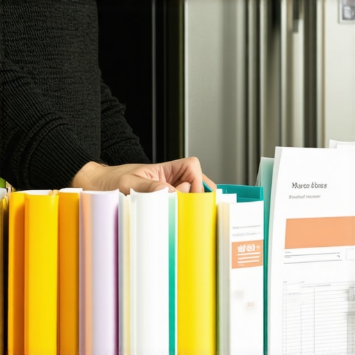 A person holding a folder of organized appliance service receipts and manuals