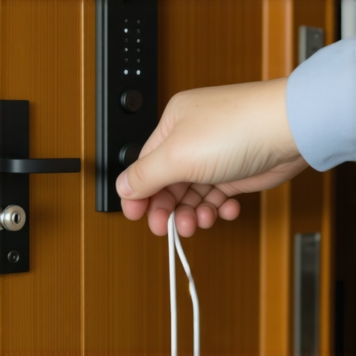 A close-up view showing the correct way to thread a smart lock ribbon cable through a mounting plate on a wooden door.