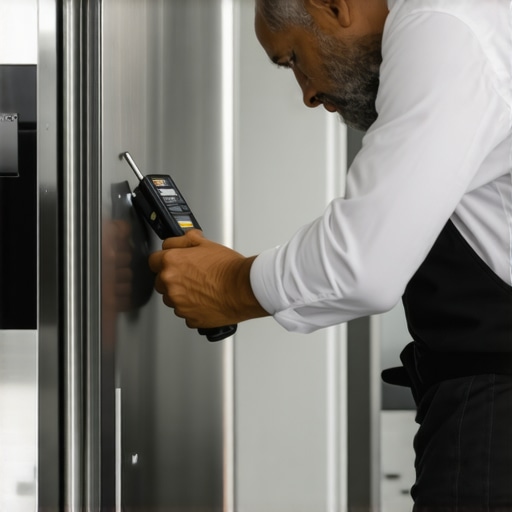 Technician using professional tools to level a kitchen appliance for warranty compliance.