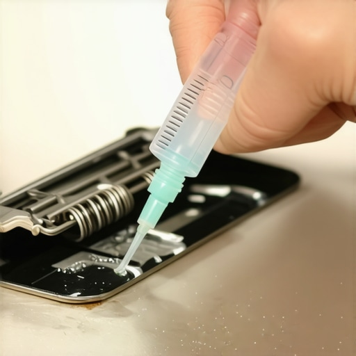 A syringe applying grease to an oven hinge with an inspection mirror visible.