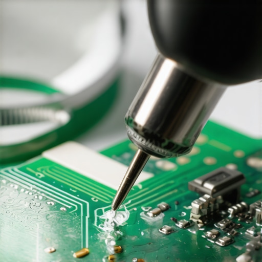 Close-up of a soldering iron repairing a control board joint for an appliance.